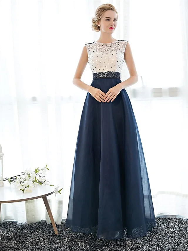 Luolandi A-Line Beautiful Back Elegant Beaded & Sequin Prom Formal Evening Dress Illusion Neck Sleeveless Floor Length Tulle Over Lace